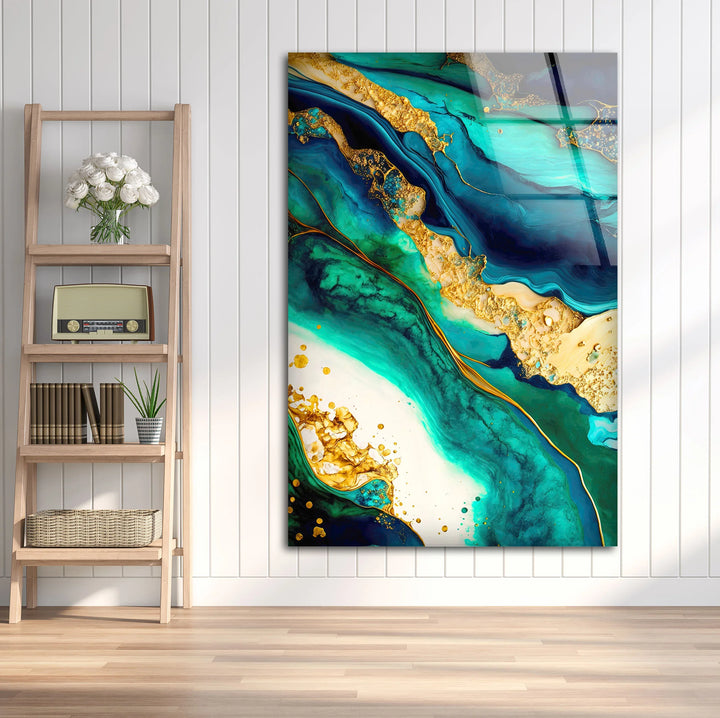 Teal and Gold Abstract Wall Art – Luxurious Glass Print with Ocean-Inspired Marble Texture for Elegant Modern Interiors - MyPhotoStation