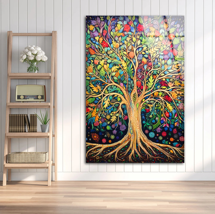 Colorful Tree of Life Wall Art – Multicolor Glass Print with Leaves and Roots for Boho, Nature-Inspired, and Spiritual Interiors - MyPhotoStation