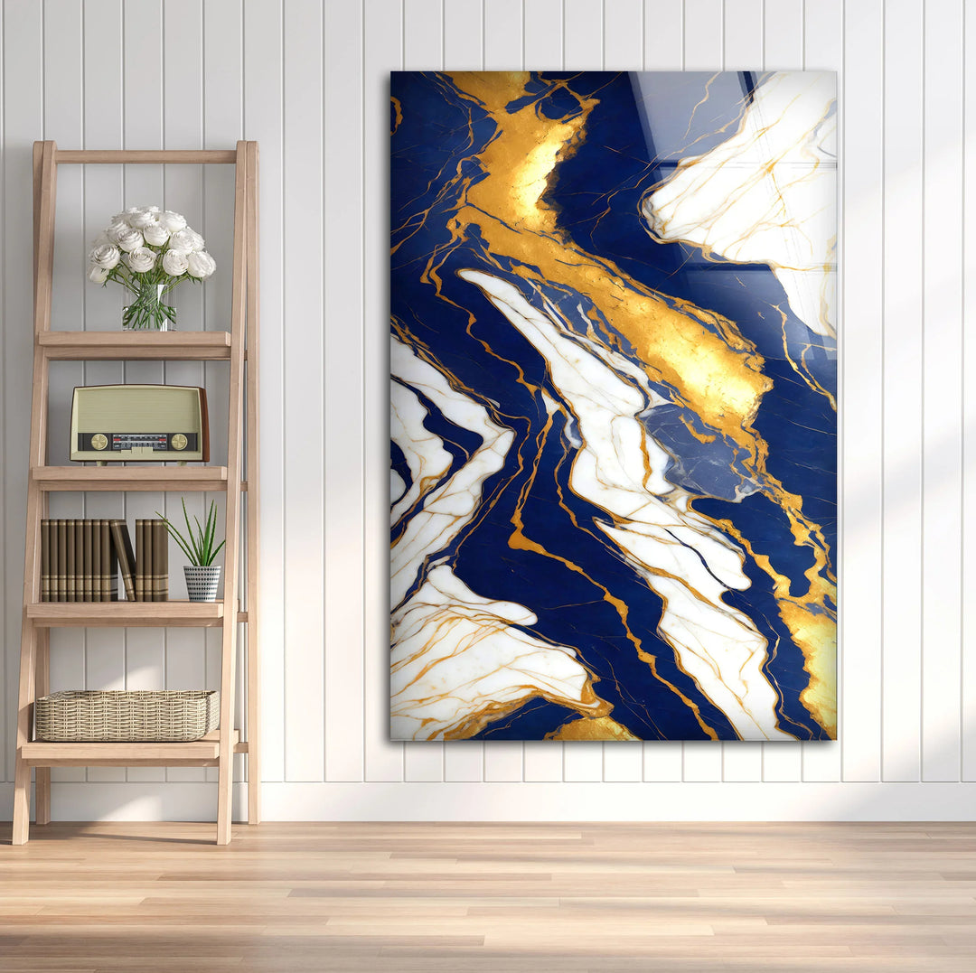 Navy Blue and Gold Marble Wall Art – Elegant Glass Print with White Veins for Sophisticated Modern Interiors - MyPhotoStation