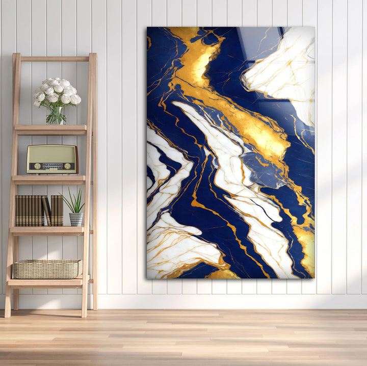 Navy Blue and Gold Marble Wall Art – Elegant Glass Print with White Veins for Sophisticated Modern Interiors - MyPhotoStation