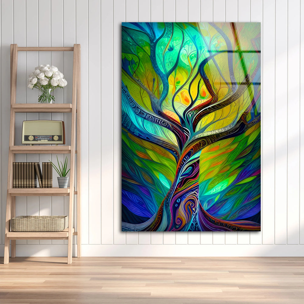 Psychedelic Tree Wall Art – Colorful Abstract Glass Print with Swirling Trunk for Modern and Artistic Interiors - MyPhotoStation