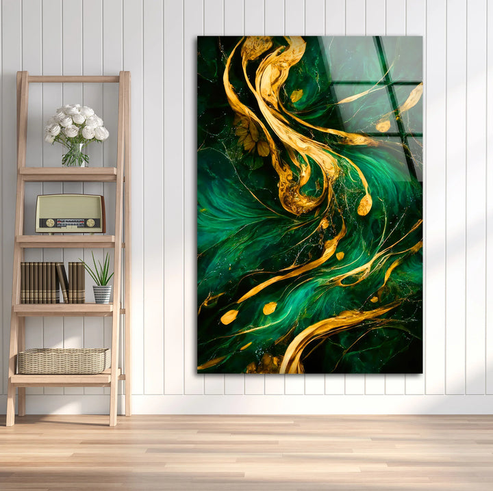 Emerald Gold Abstract Wall Art – Luxurious Glass Print with Flowing Metallic Accents for Elegant and Modern Interiors - MyPhotoStation