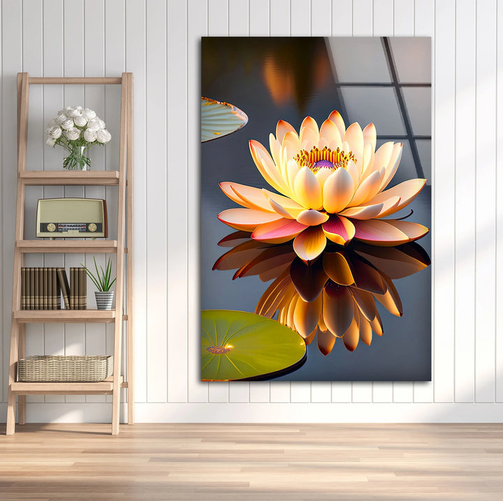 Golden Lotus Flower Wall Art – Tranquil Glass Print with Water Reflection for Zen, Spa, and Minimalist Interiors - MyPhotoStation