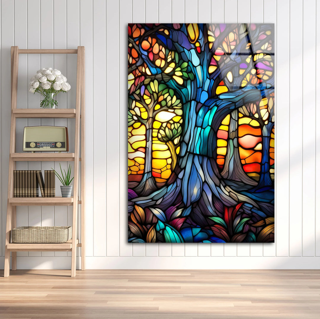 Stained Glass Forest Wall Art – Colorful Glass Print with Sunset and Trees for Spiritual and Artistic Interiors - MyPhotoStation