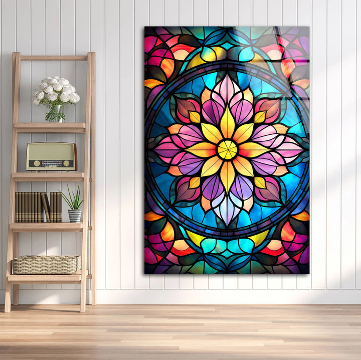 Radiant Mandala Flower Wall Art – Multicolor Glass Print with Stained Glass Design for Spiritual and Artistic Interiors - MyPhotoStation