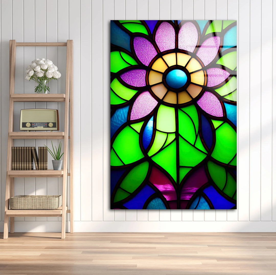 Stained Glass Flower Wall Art – Vibrant Purple and Green Glass Print for Colorful Botanical and Modern Interiors - MyPhotoStation