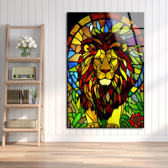 Stained Glass Lion Wall Art – Majestic Glass Print with Regal Colorful Mane for Bold Spiritual or Safari-Inspired Interiors - MyPhotoStation