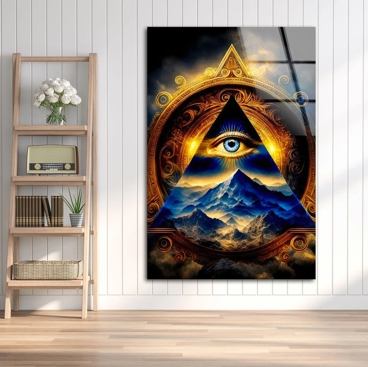 Eye of Providence Wall Art – Mystical Glass Print with Golden Pyramid and Mountain Scene for Spiritual and Esoteric Decor - MyPhotoStation