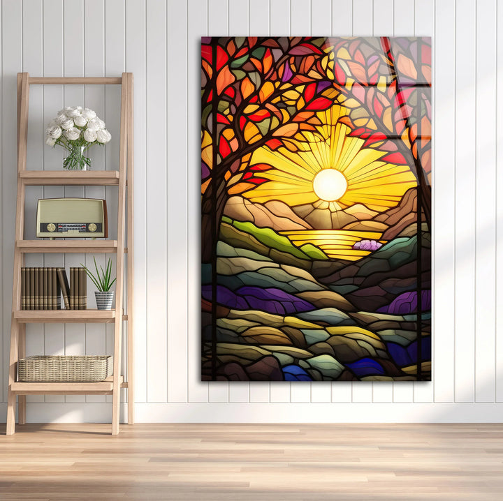 Stained Glass Sunset Wall Art – Colorful Landscape Glass Print with Trees, Sun, and Mountains for Artistic Nature-Inspired Interiors - MyPhotoStation