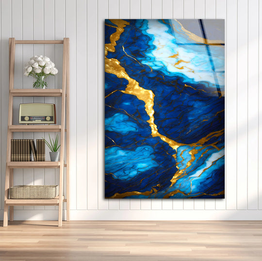 Blue and Gold Marble Wall Art – Elegant Glass Print with Rich Veins and Deep Texture for Modern Luxury Interiors - MyPhotoStation