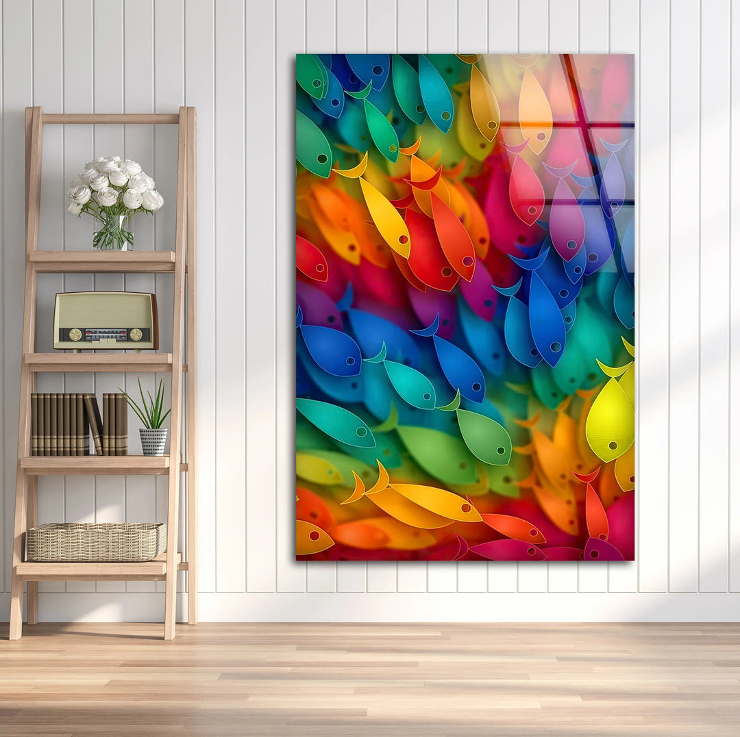 Rainbow Fish Wall Art – Vertical Colorful Glass Print with Vibrant School of Fish Design for Coastal and Playful Interiors - MyPhotoStation