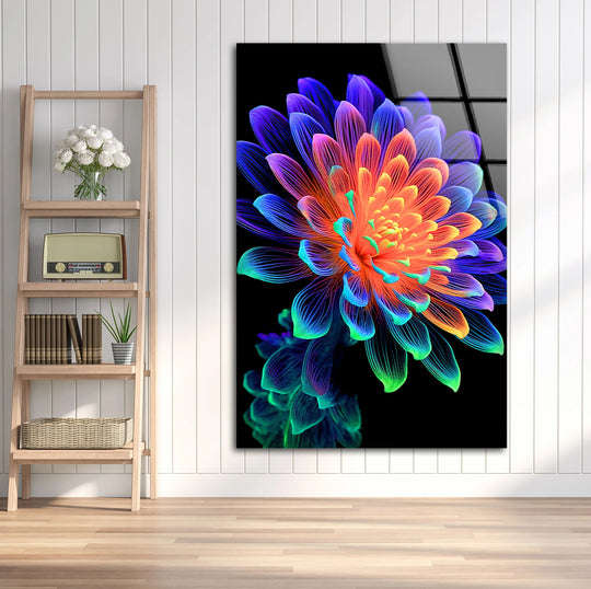 Neon Rainbow Flower Wall Art – Vibrant Glass Print with Glowing Petals on Black for Modern and Artistic Interiors - MyPhotoStation