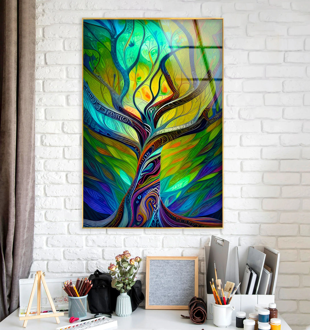 Psychedelic Tree Wall Art – Colorful Abstract Glass Print with Swirling Trunk for Modern and Artistic Interiors - MyPhotoStation