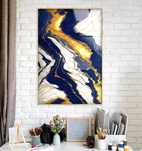 Navy Blue and Gold Marble Wall Art – Elegant Glass Print with White Veins for Sophisticated Modern Interiors - MyPhotoStation