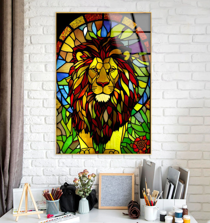 Stained Glass Lion Wall Art – Majestic Glass Print with Regal Colorful Mane for Bold Spiritual or Safari-Inspired Interiors - MyPhotoStation