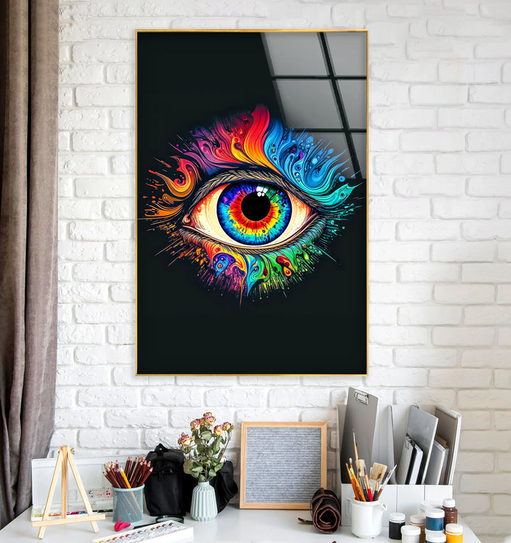 Psychedelic Eye Wall Art – Vivid Rainbow Glass Print with Color Explosion on Black for Visionary and Modern Interiors - MyPhotoStation