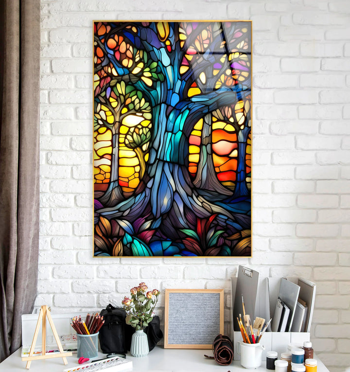 Stained Glass Forest Wall Art – Colorful Glass Print with Sunset and Trees for Spiritual and Artistic Interiors - MyPhotoStation