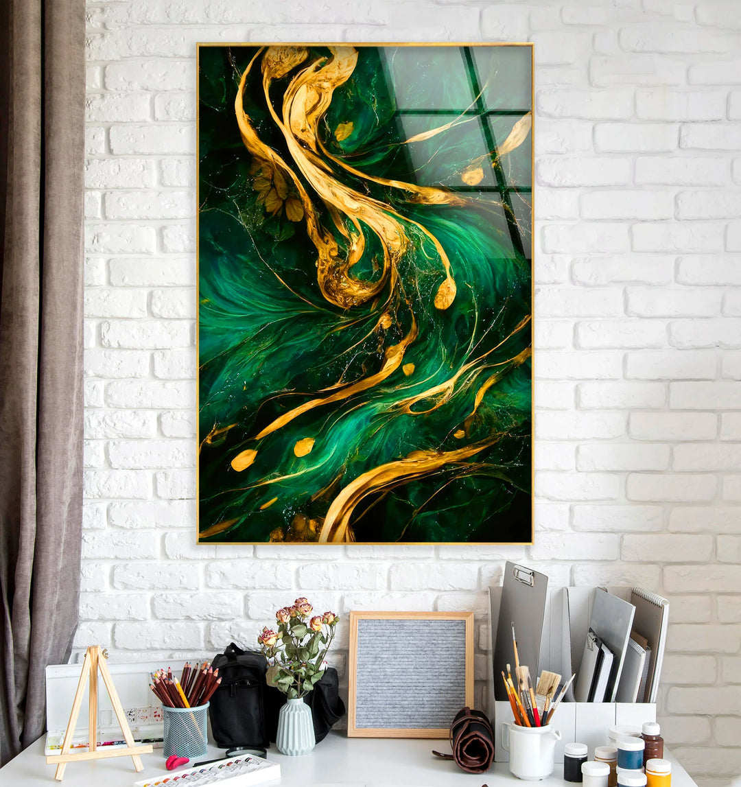 Emerald Gold Abstract Wall Art – Luxurious Glass Print with Flowing Metallic Accents for Elegant and Modern Interiors - MyPhotoStation