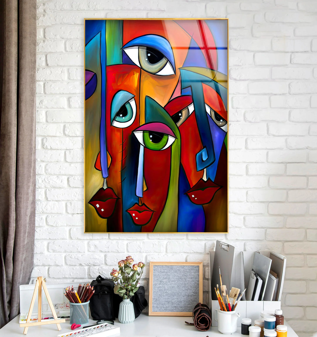 Abstract Face Wall Art – Colorful Cubist Glass Print with Modern Pop Art Expression for Bold Interiors - MyPhotoStation