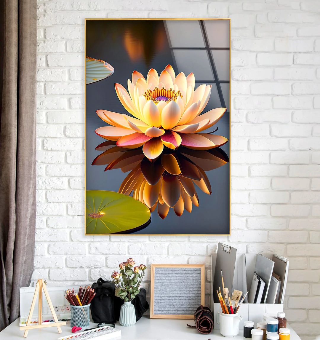 Golden Lotus Flower Wall Art – Tranquil Glass Print with Water Reflection for Zen, Spa, and Minimalist Interiors - MyPhotoStation