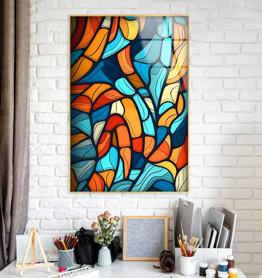 Abstract Mosaic Wall Art – Colorful Glass Print with Blue, Orange, and Red Geometric Design for Modern Artistic Interiors - MyPhotoStation
