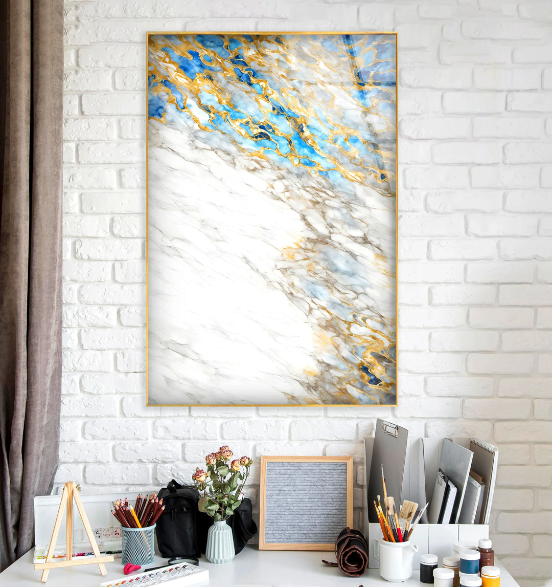 White Marble and Gold Wall Art – Elegant Glass Print with Blue Accents for Modern Luxe Interiors - MyPhotoStation
