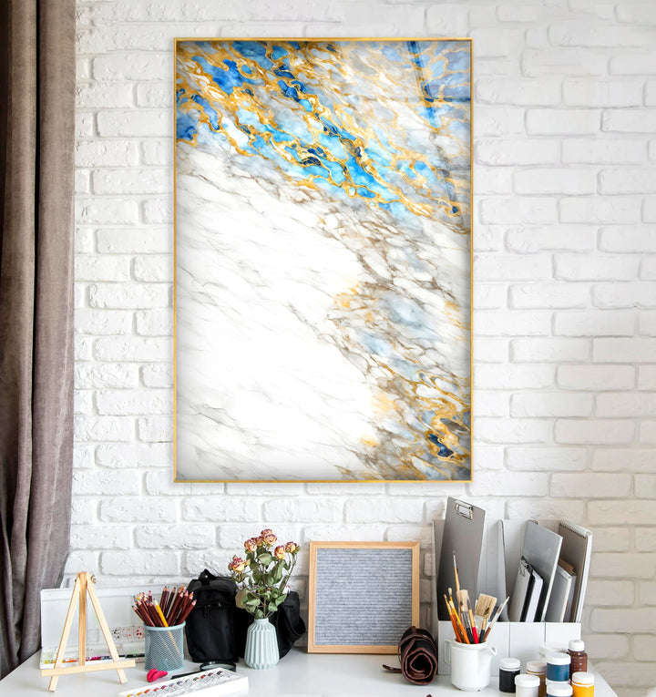 White Marble and Gold Wall Art – Elegant Glass Print with Blue Accents for Modern Luxe Interiors - MyPhotoStation