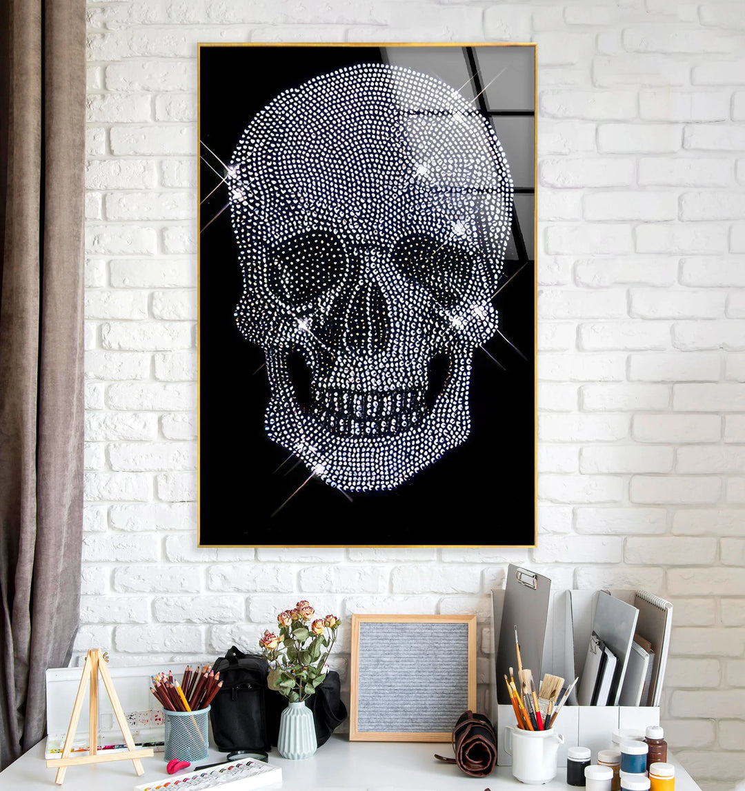 Crystal Skull Wall Art – Sparkling Glass Print with Diamond Skull Design on Black for Glam Rock and Modern Interiors - MyPhotoStation