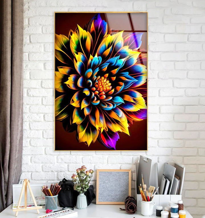 Vibrant Rainbow Flower Wall Art – Color Explosion Glass Print with Glowing Petals for Artistic Modern Interiors - MyPhotoStation