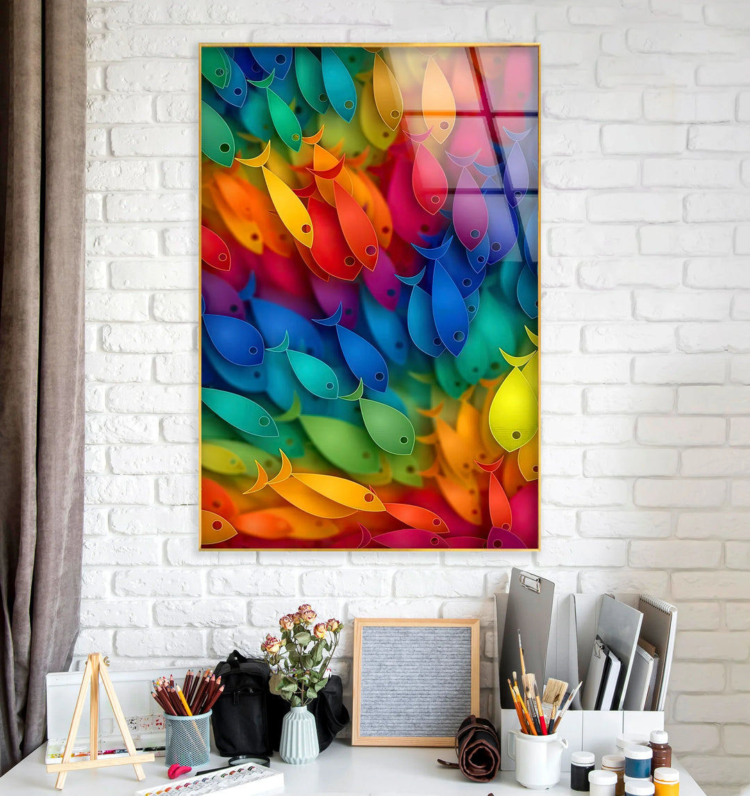 Rainbow Fish Wall Art – Vertical Colorful Glass Print with Vibrant School of Fish Design for Coastal and Playful Interiors - MyPhotoStation