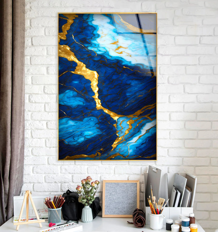 Blue and Gold Marble Wall Art – Elegant Glass Print with Rich Veins and Deep Texture for Modern Luxury Interiors - MyPhotoStation