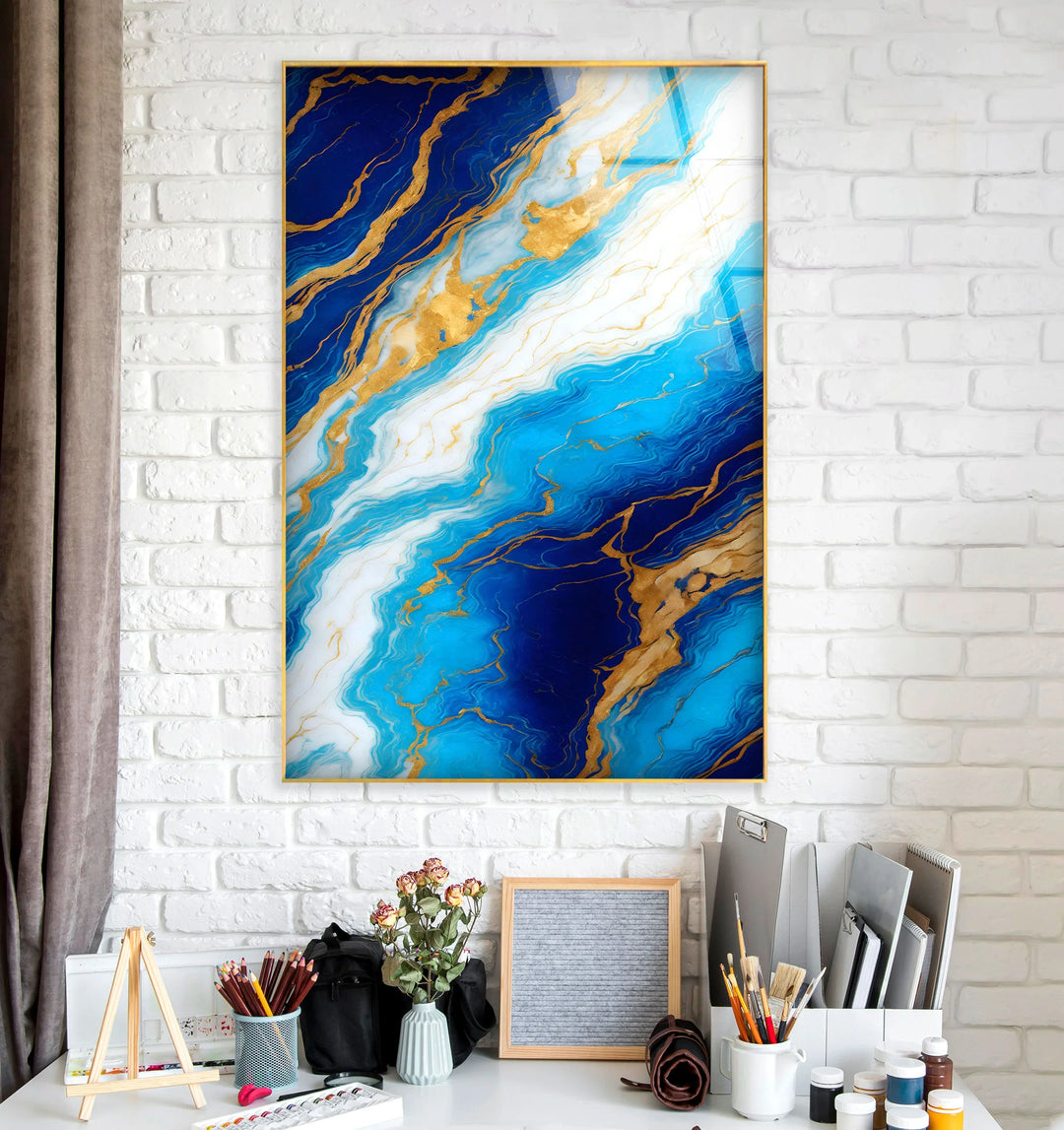 Blue Marble and Gold Wall Art – Glossy Glass Print with White and Gold Veins for Sophisticated Modern Interiors - MyPhotoStation