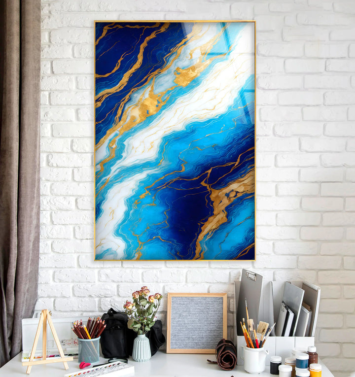 Blue Marble and Gold Wall Art – Glossy Glass Print with White and Gold Veins for Sophisticated Modern Interiors - MyPhotoStation