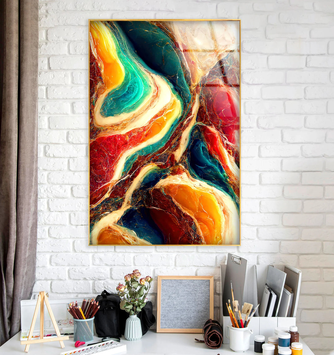 Colorful Marble Abstract Wall Art – Flowing Glass Print with Teal, Orange, and Red Texture for Luxe Modern Interiors - MyPhotoStation