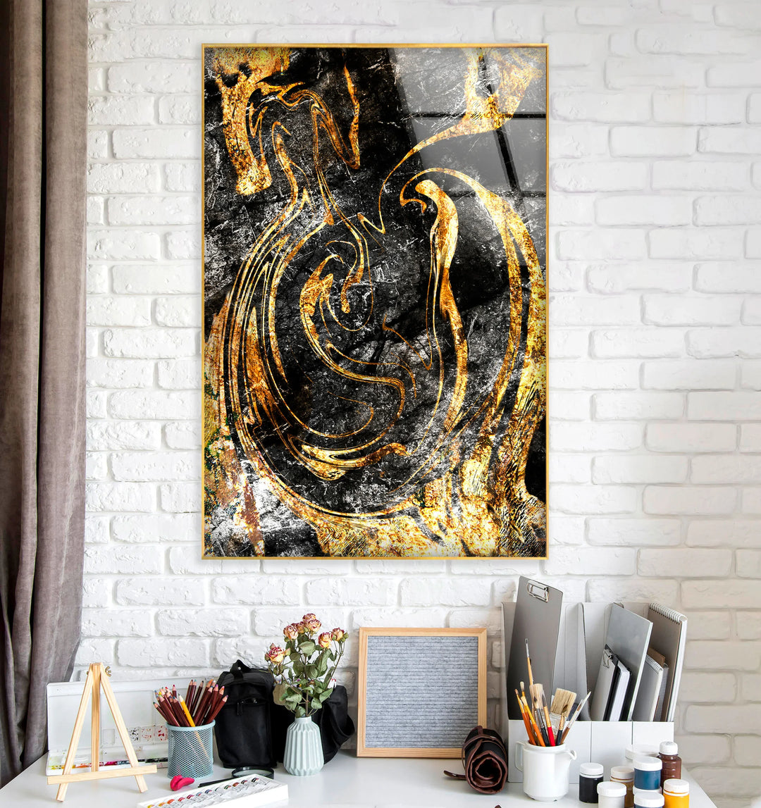 Black and Gold Abstract Wall Art – Textured Glass Print with Swirling Metallic Design for Luxe Industrial or Modern Interiors - MyPhotoStation