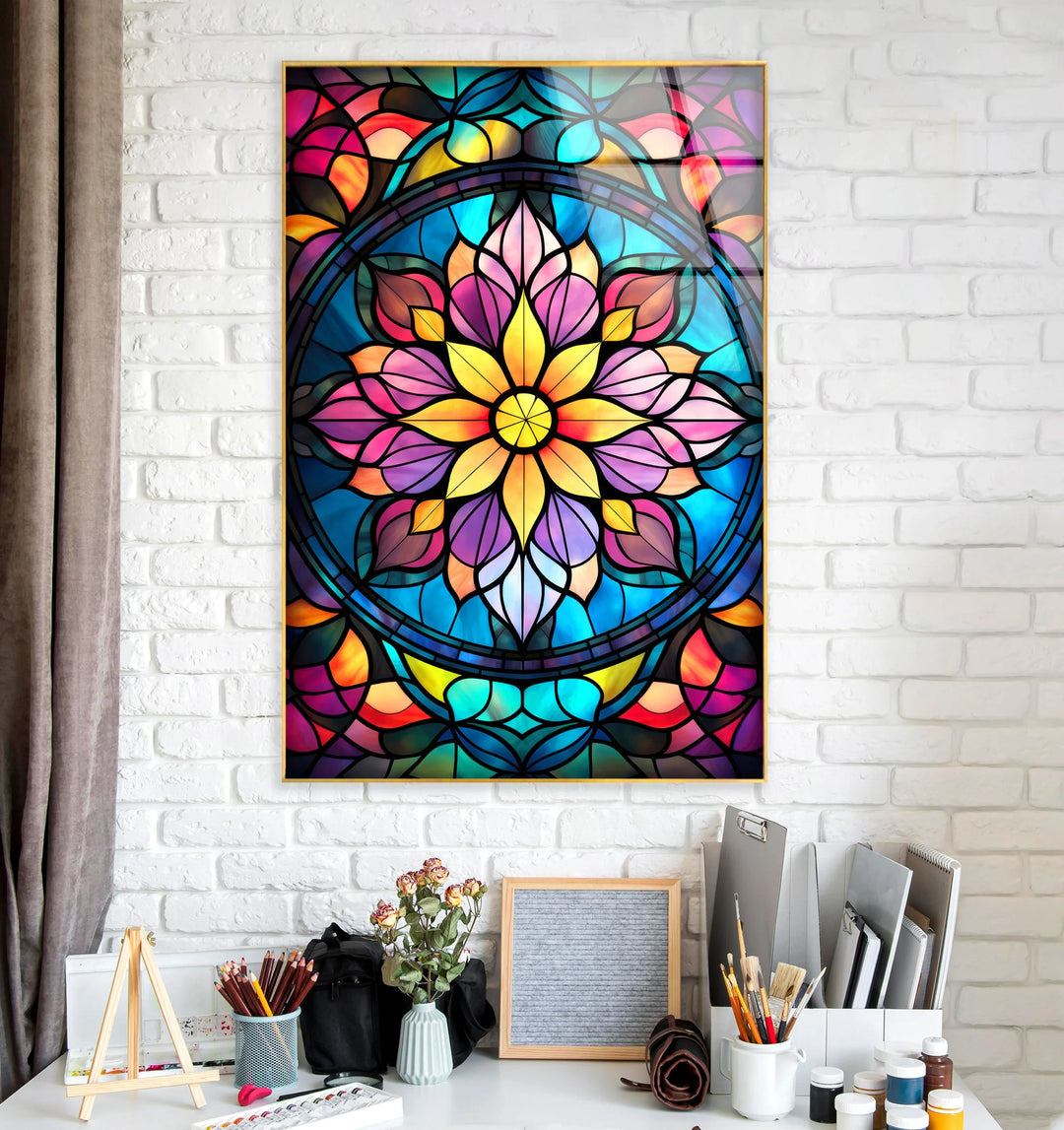 Radiant Mandala Flower Wall Art – Multicolor Glass Print with Stained Glass Design for Spiritual and Artistic Interiors - MyPhotoStation