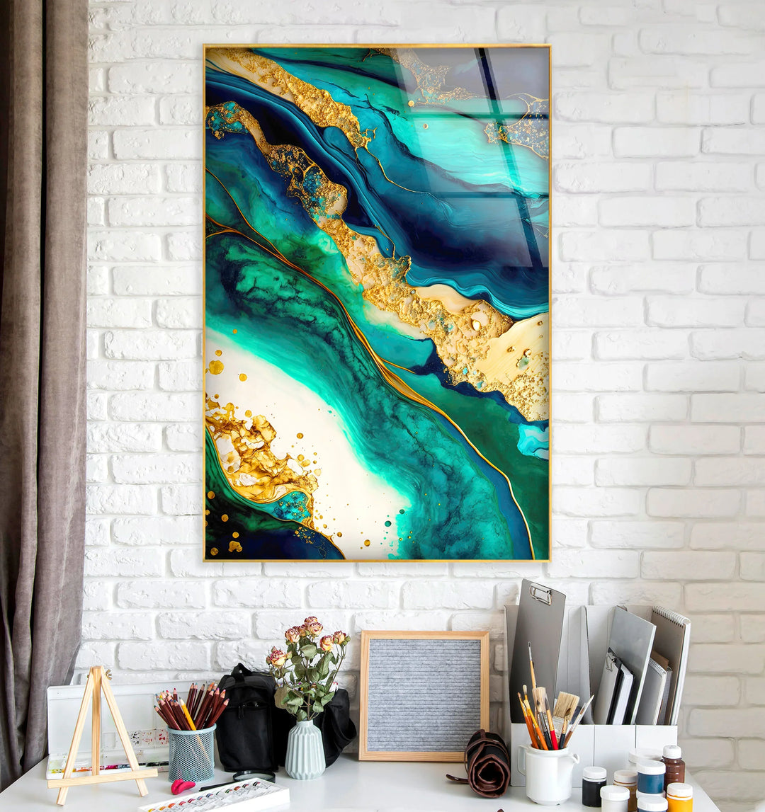 Teal and Gold Abstract Wall Art – Luxurious Glass Print with Ocean-Inspired Marble Texture for Elegant Modern Interiors - MyPhotoStation