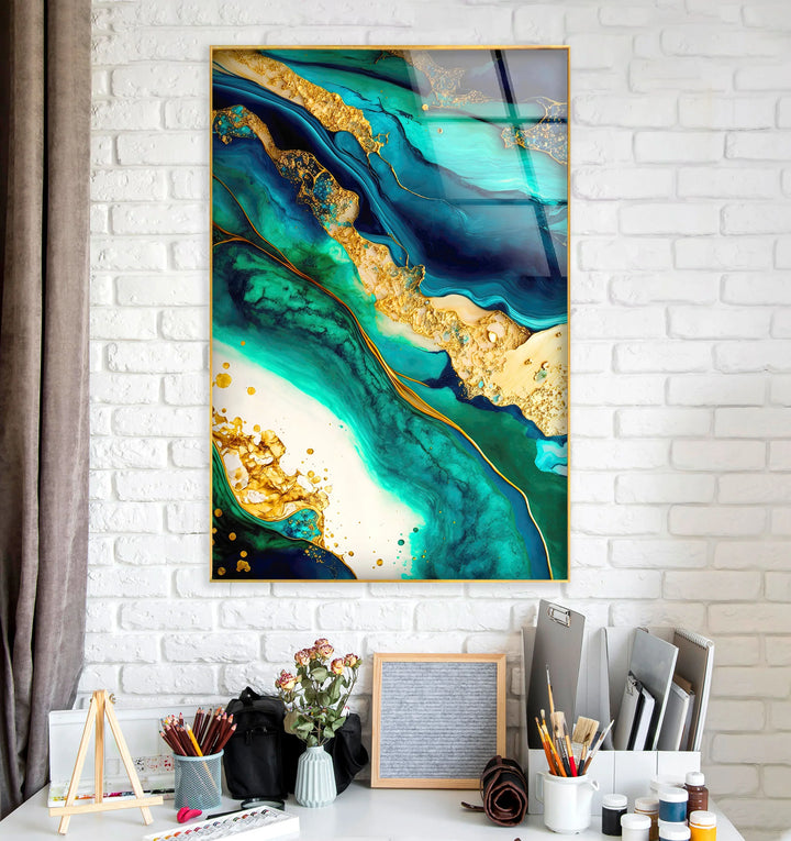 Teal and Gold Abstract Wall Art – Luxurious Glass Print with Ocean-Inspired Marble Texture for Elegant Modern Interiors - MyPhotoStation
