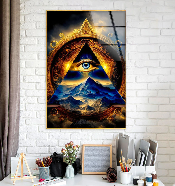 Eye of Providence Wall Art – Mystical Glass Print with Golden Pyramid and Mountain Scene for Spiritual and Esoteric Decor - MyPhotoStation