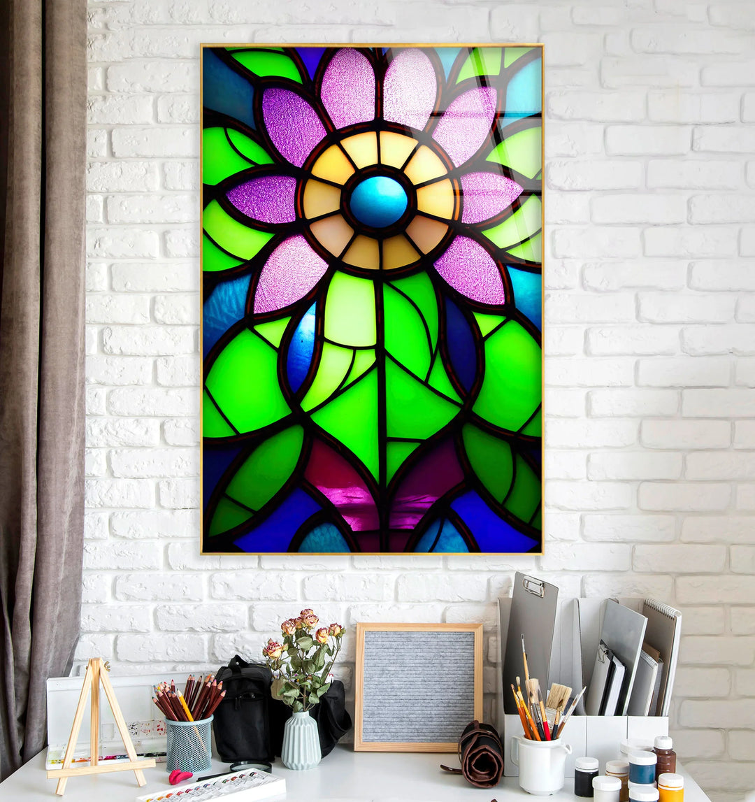 Stained Glass Flower Wall Art – Vibrant Purple and Green Glass Print for Colorful Botanical and Modern Interiors - MyPhotoStation