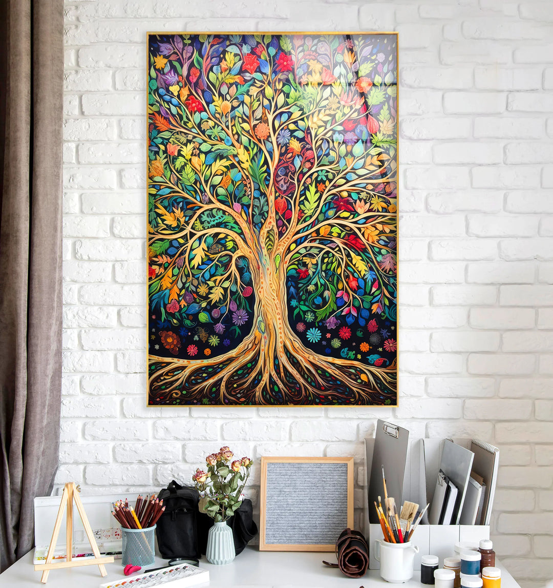 Colorful Tree of Life Wall Art – Multicolor Glass Print with Leaves and Roots for Boho, Nature-Inspired, and Spiritual Interiors - MyPhotoStation
