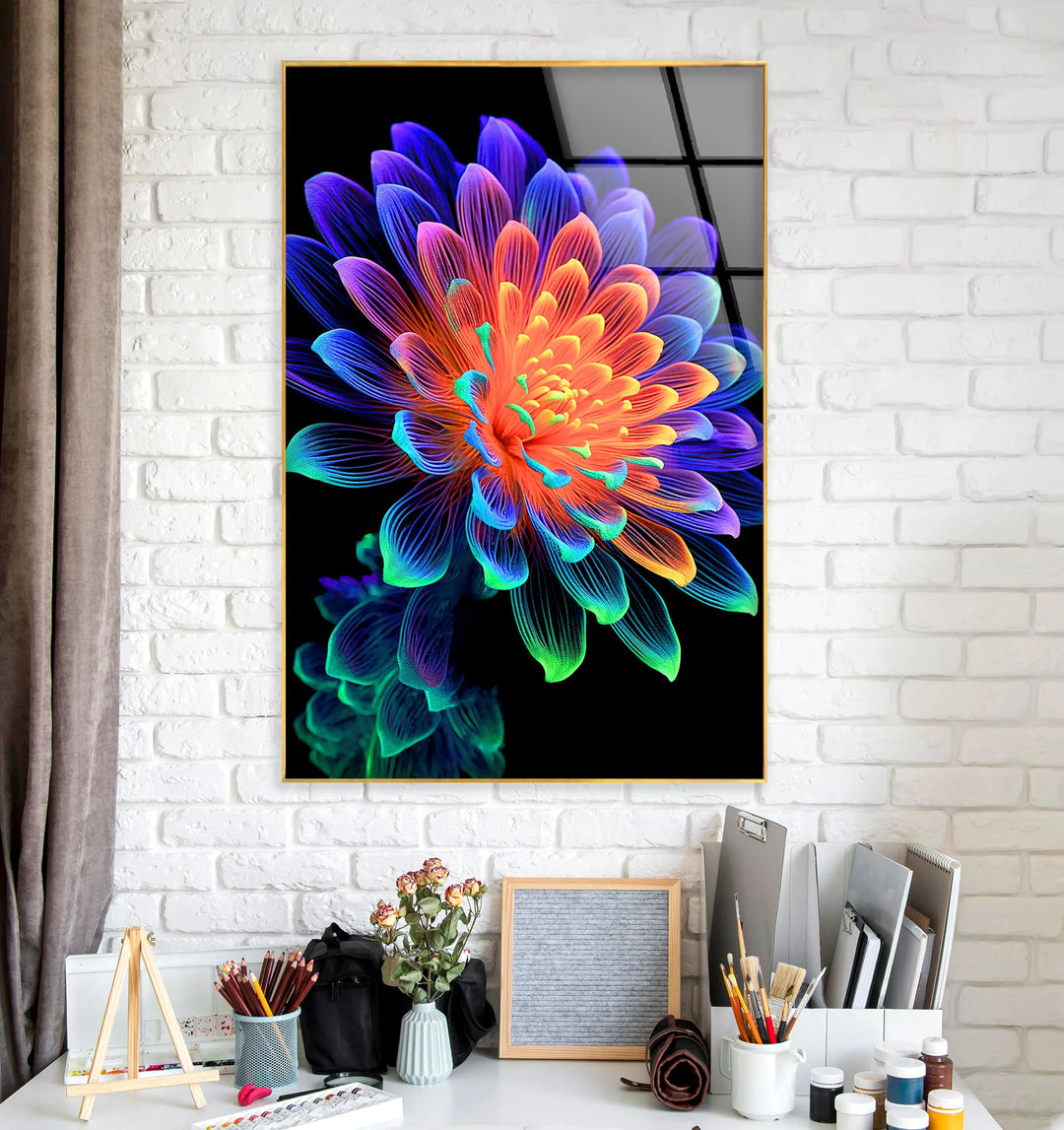 Neon Rainbow Flower Wall Art – Vibrant Glass Print with Glowing Petals on Black for Modern and Artistic Interiors - MyPhotoStation