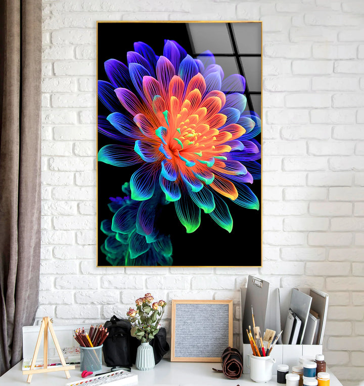 Neon Rainbow Flower Wall Art – Vibrant Glass Print with Glowing Petals on Black for Modern and Artistic Interiors - MyPhotoStation