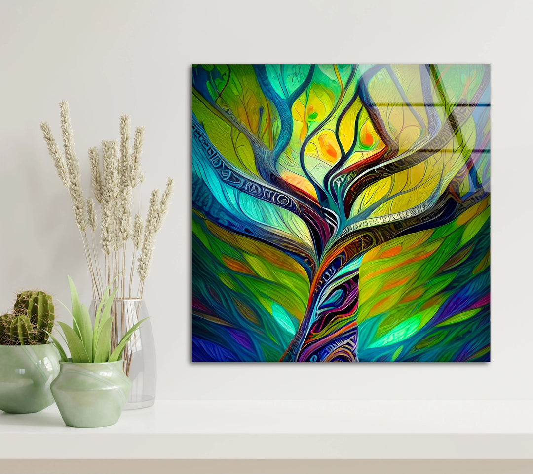 Psychedelic Tree Wall Art – Colorful Abstract Glass Print with Swirling Trunk for Modern and Artistic Interiors - MyPhotoStation