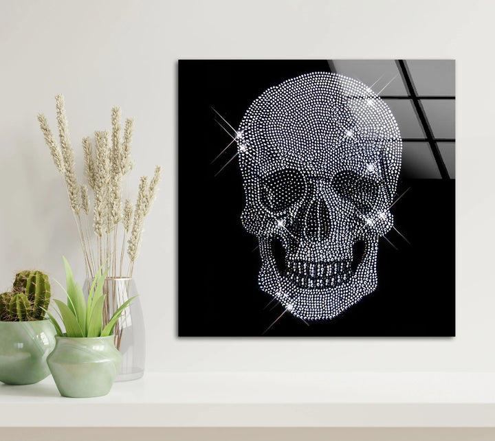 Crystal Skull Wall Art – Sparkling Glass Print with Diamond Skull Design on Black for Glam Rock and Modern Interiors - MyPhotoStation