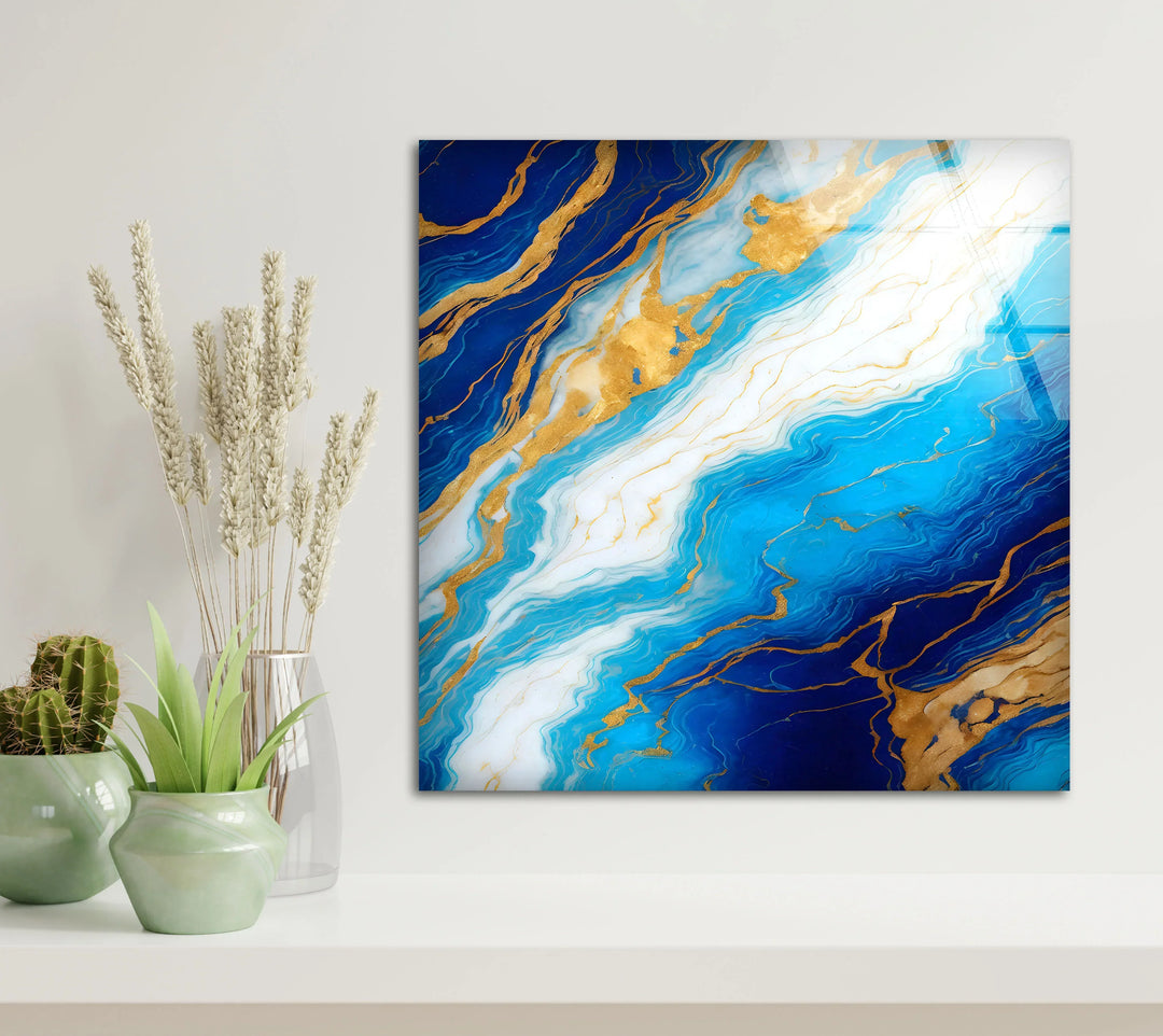 Blue Marble and Gold Wall Art – Glossy Glass Print with White and Gold Veins for Sophisticated Modern Interiors - MyPhotoStation