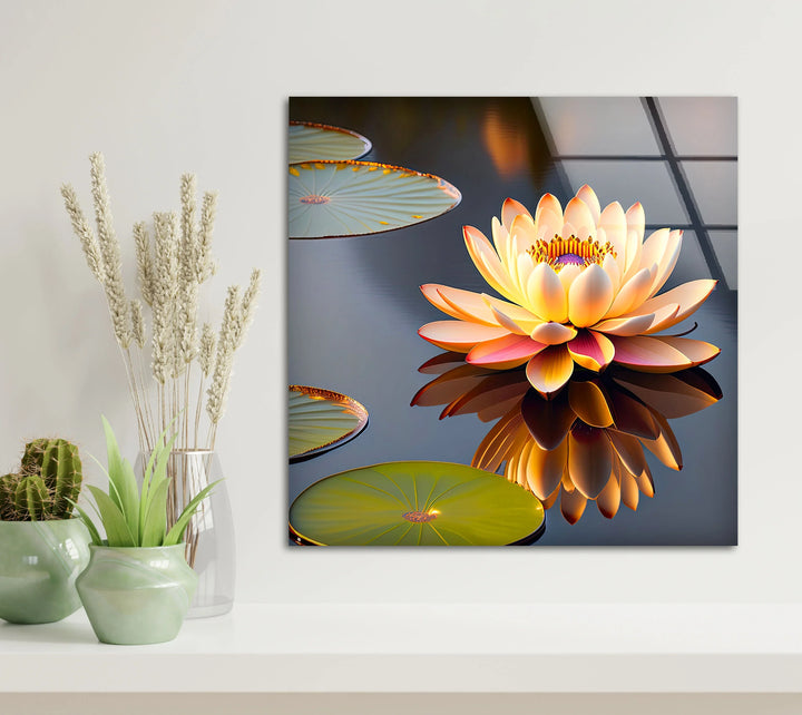 Golden Lotus Flower Wall Art – Tranquil Glass Print with Water Reflection for Zen, Spa, and Minimalist Interiors - MyPhotoStation