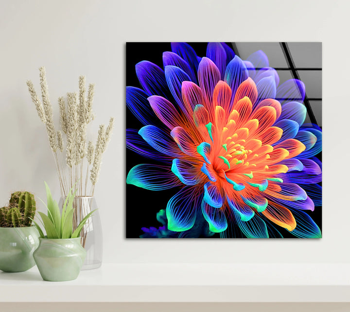 Neon Rainbow Flower Wall Art – Vibrant Glass Print with Glowing Petals on Black for Modern and Artistic Interiors - MyPhotoStation