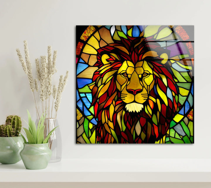 Stained Glass Lion Wall Art – Majestic Glass Print with Regal Colorful Mane for Bold Spiritual or Safari-Inspired Interiors - MyPhotoStation