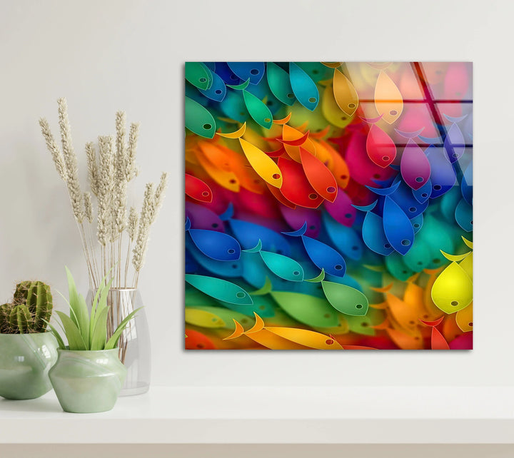 Rainbow Fish Wall Art – Vertical Colorful Glass Print with Vibrant School of Fish Design for Coastal and Playful Interiors - MyPhotoStation